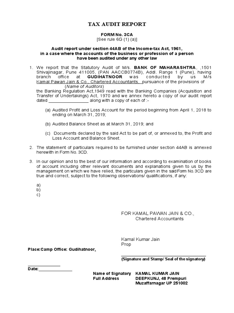 Tax Audit Report: For Kamal Pawan Jain & Co., Chartered Accountants | PDF