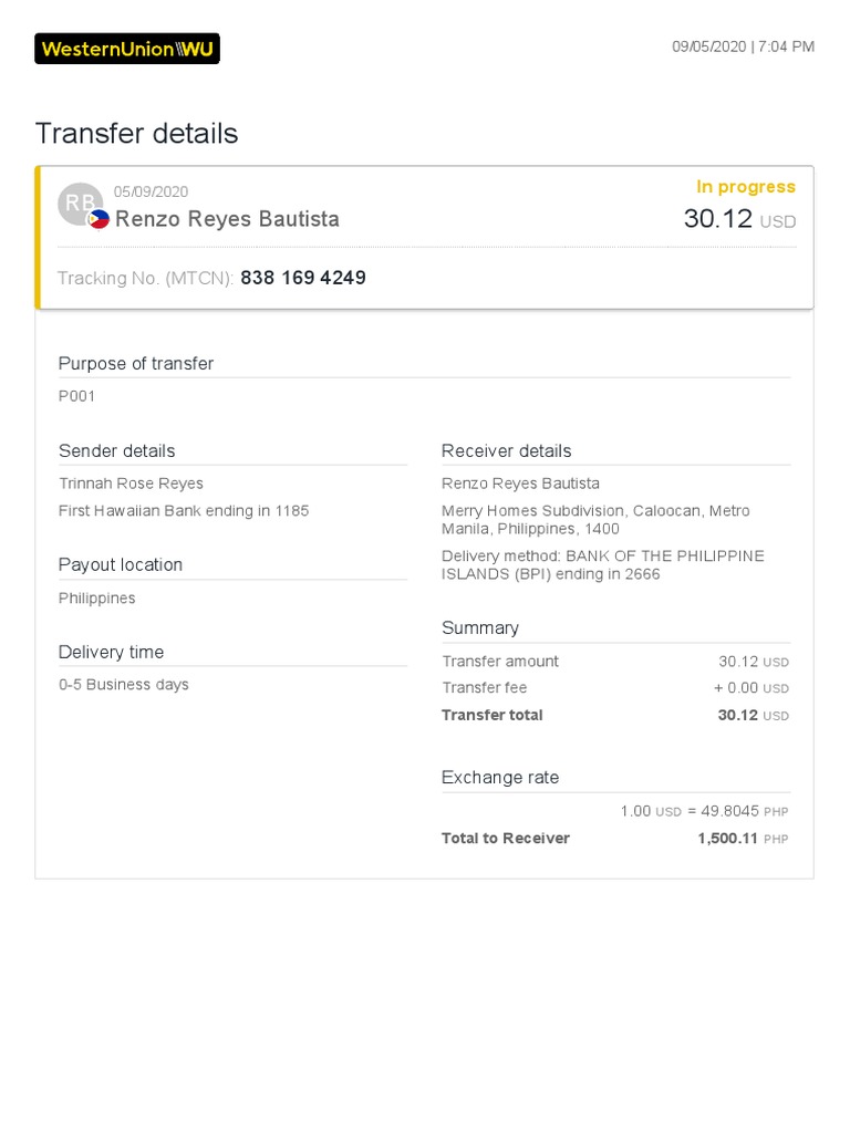 Transfer Details for Renzo Bautista | PDF