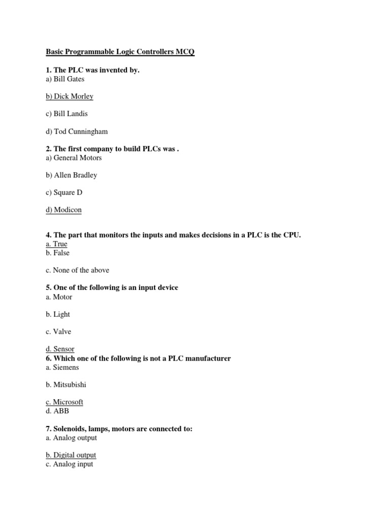 Mcq On Basic Plc Programmable Logic Controller Relay