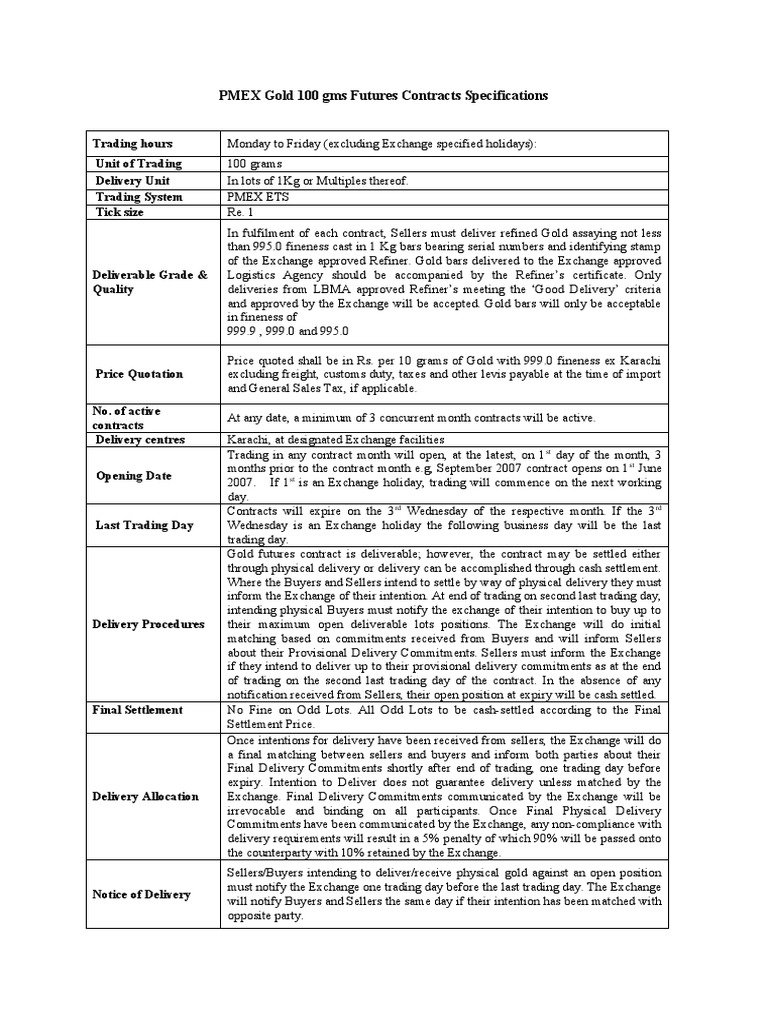 PMEX Gold 100 Gms Futures Contracts Specifications ST ST ST PDF