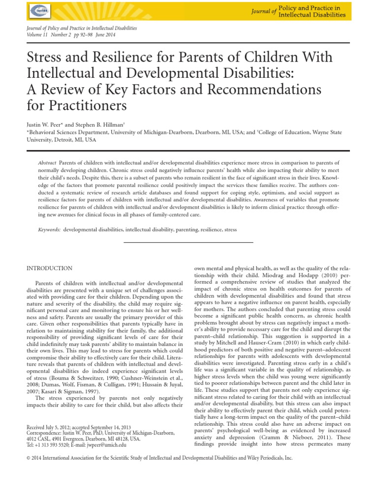 Stress and Resilience For Parents of Children With Intellectual and ...