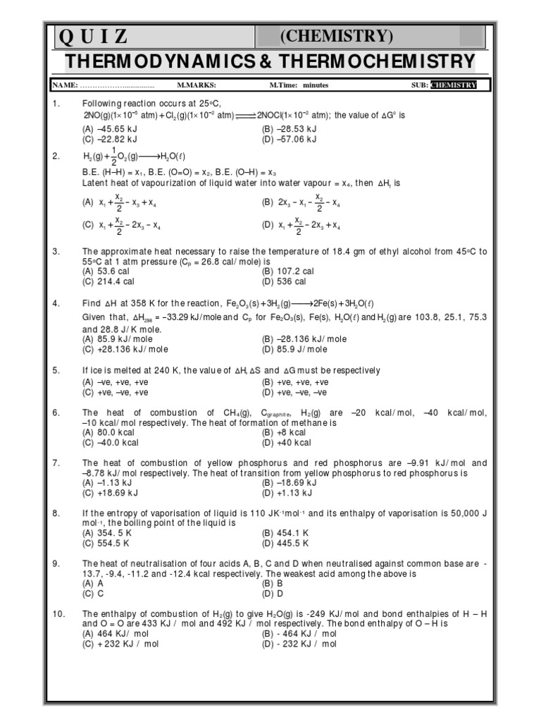 QuizTherodynamics & ThermochemistrySnd SND PDF Enthalpy Nature