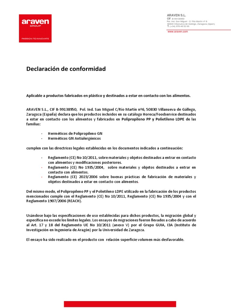 Declaración Conformidad PP, LDPE Esp | PDF | Alimentos | Naturaleza