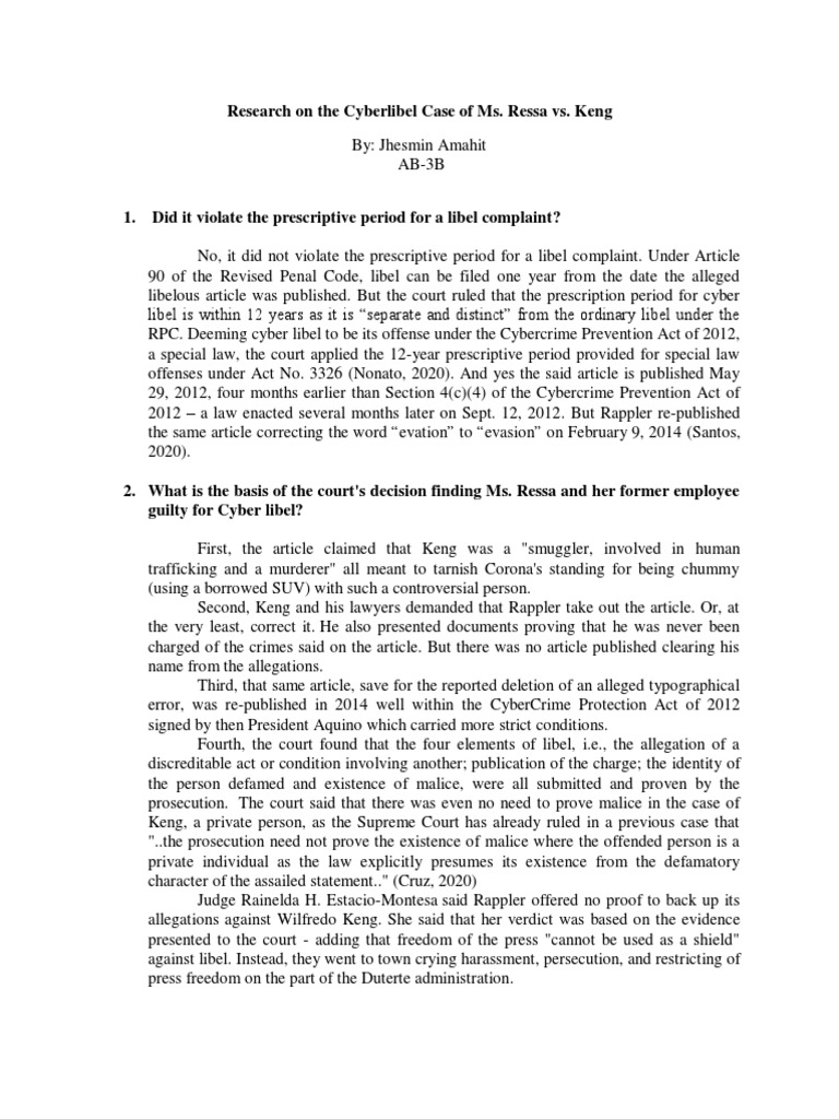 Research On The Cyberlibel Case of Ms. Ressa vs. Keng PDF