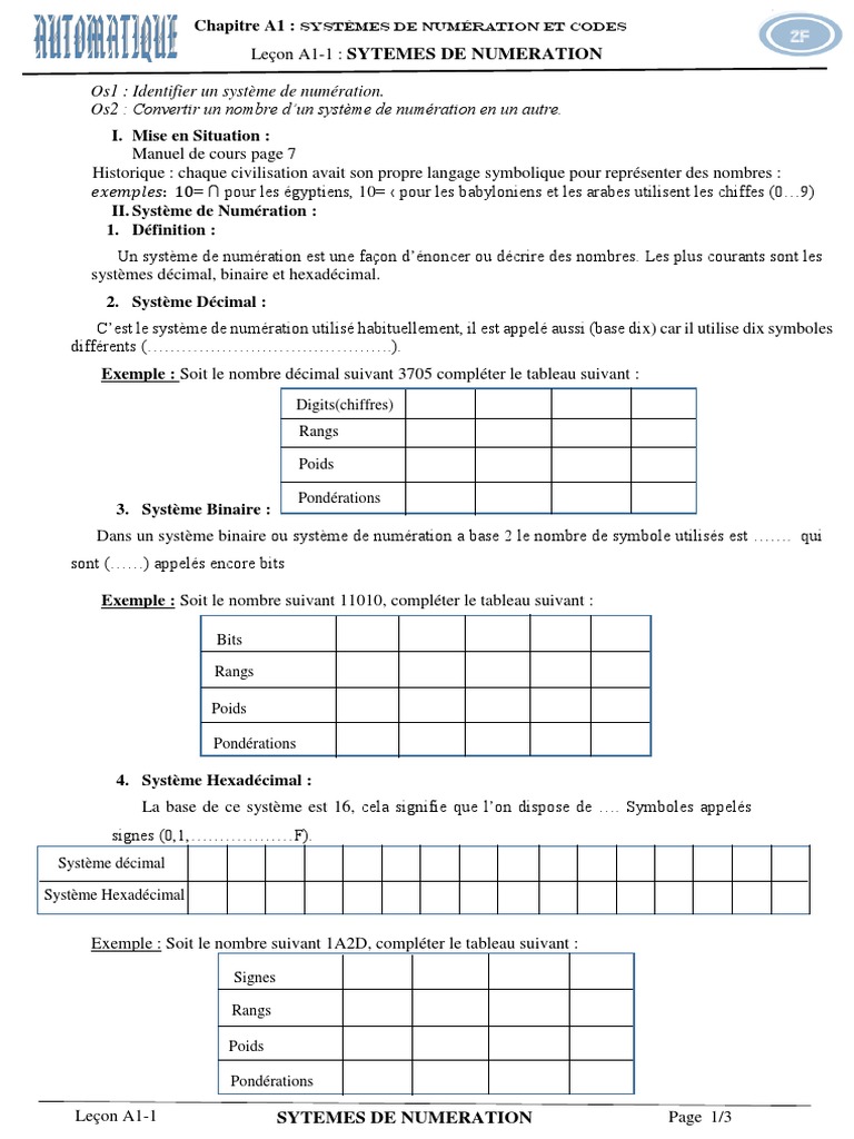 Système De Numération Cours Et Exercices Corrigés Pdf Lecon1 Sytemes de Numeration | PDF | Décimal | Conventions de nommage