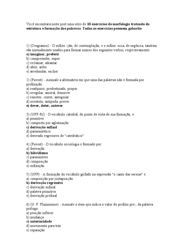 Morfologia-Exercícios Com Gabarito | PDF | Classificação Científica ...