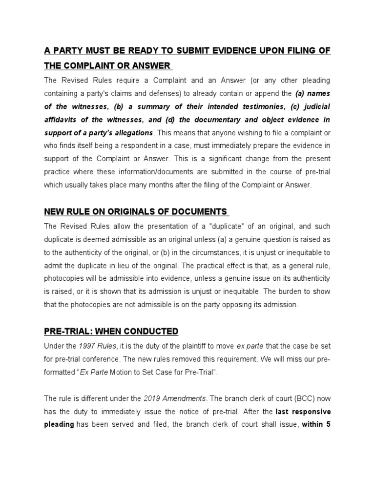A Party Must Be Ready To Submit Evidence Upon Filing of The Complaint ...
