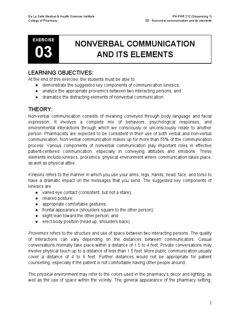 Exercise 3 Nonverbal Communication and Its Elements PDF Nonverbal