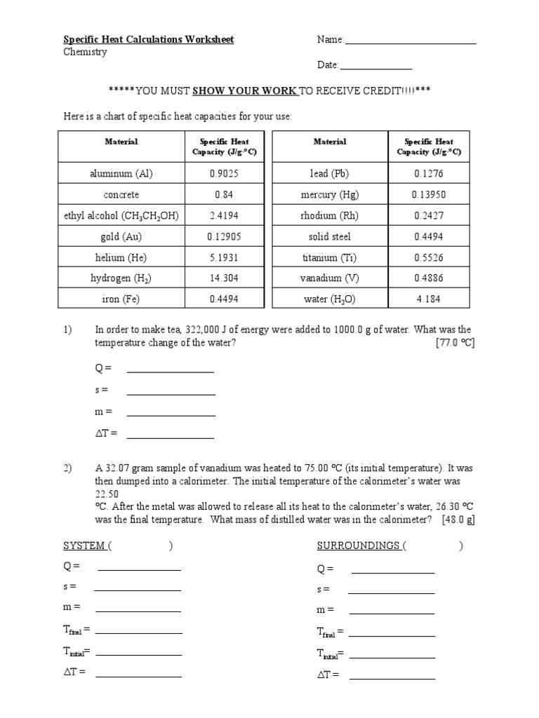 Specific Heat Calculations Worksheet | PDF | Heat | Continuum Mechanics