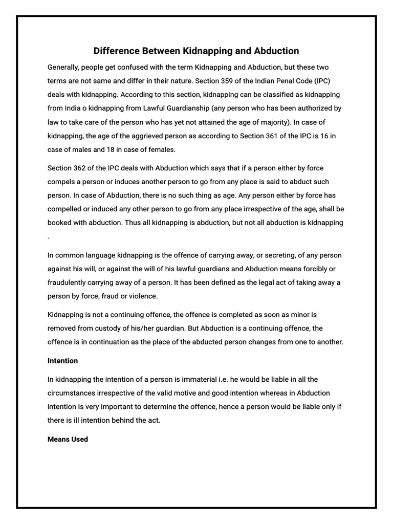 Difference Between Kidnapping And Abduction Intention Pdf