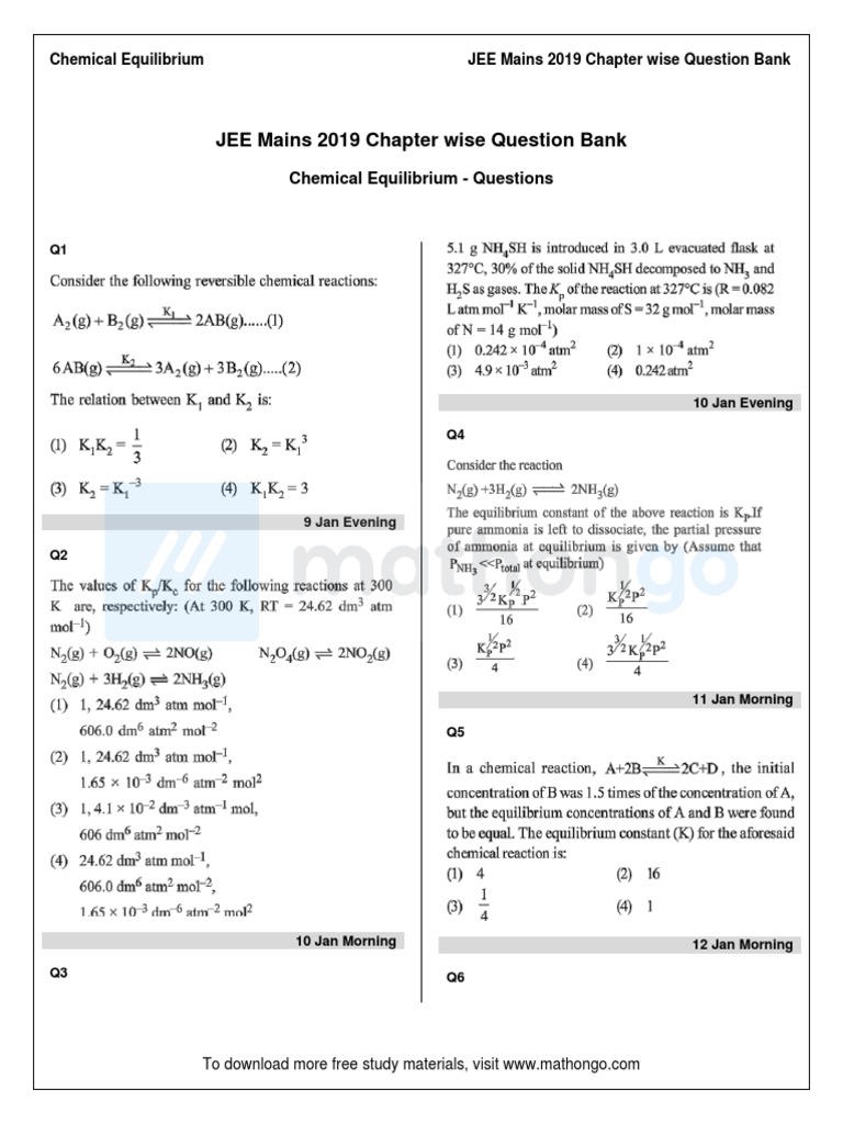 JEE Mains 2019 Chapter Wise Question Bank: Chemical Equilibrium ...