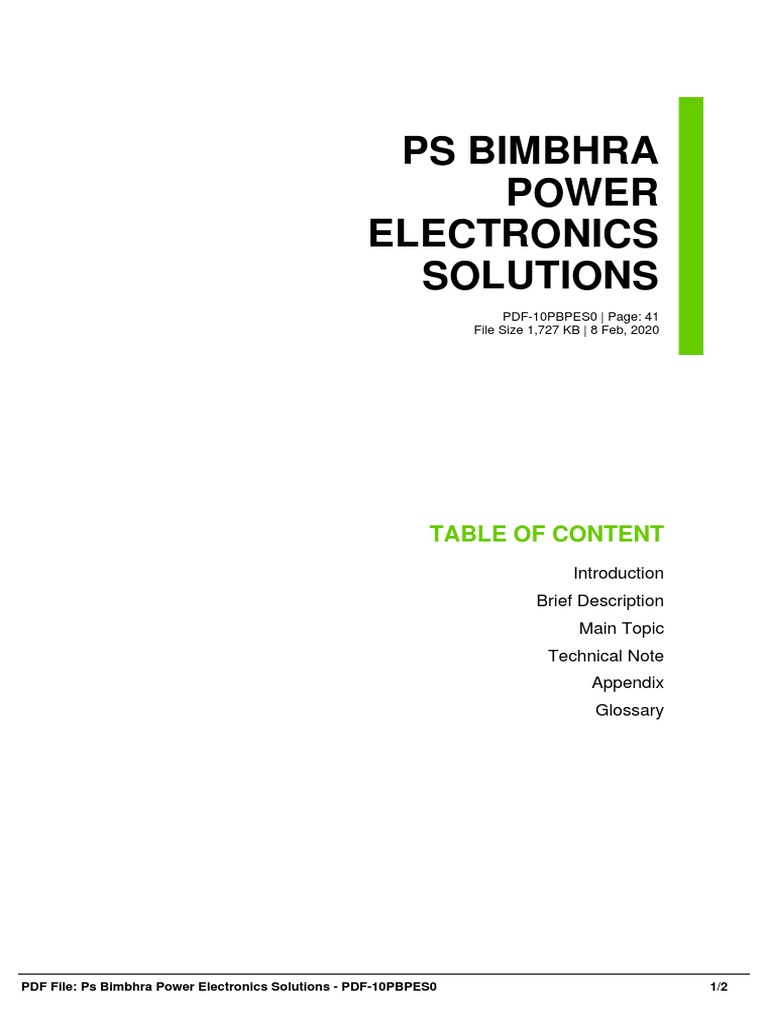Ps Bimbhra Power Electronics Solutions Table of Content PDF