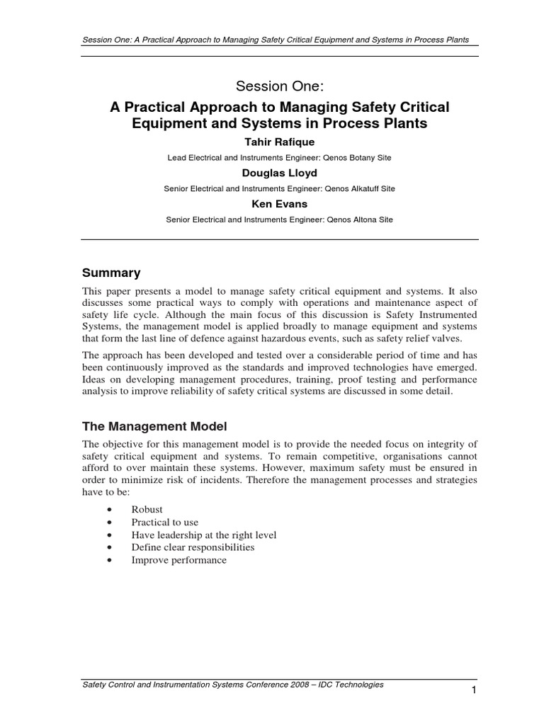 Managing Safety Critical Systems in Plants | PDF | Safety | Reliability ...
