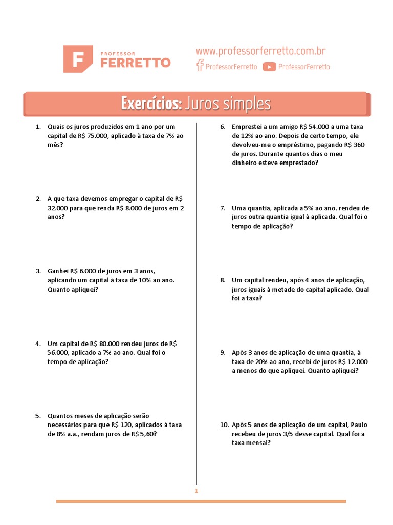 Lista de Exercícios 19 - Juros Simples | PDF | Juros | Dinheiro