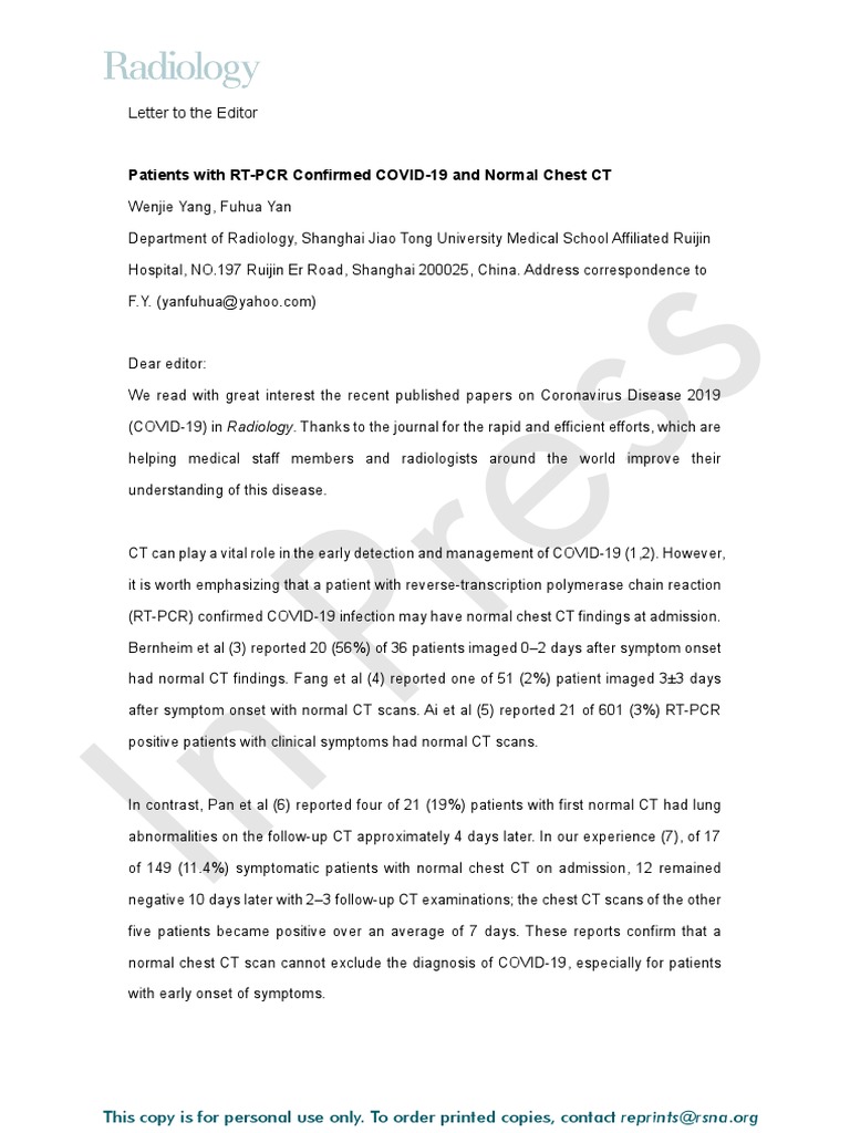 Radiology - Letter Warning of CT False Negative Rate in COVID-Yang ...