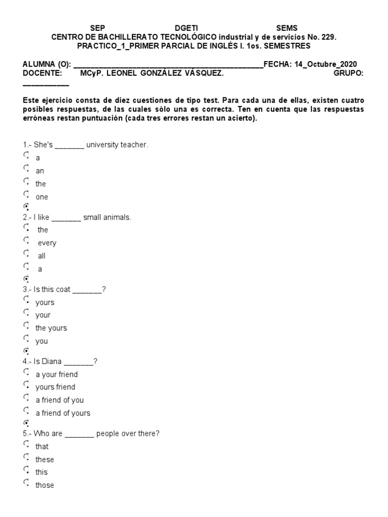 EXÁMEN PRÁCTICO 1 1er Parcial Inglés Básico 1er Semestre 14