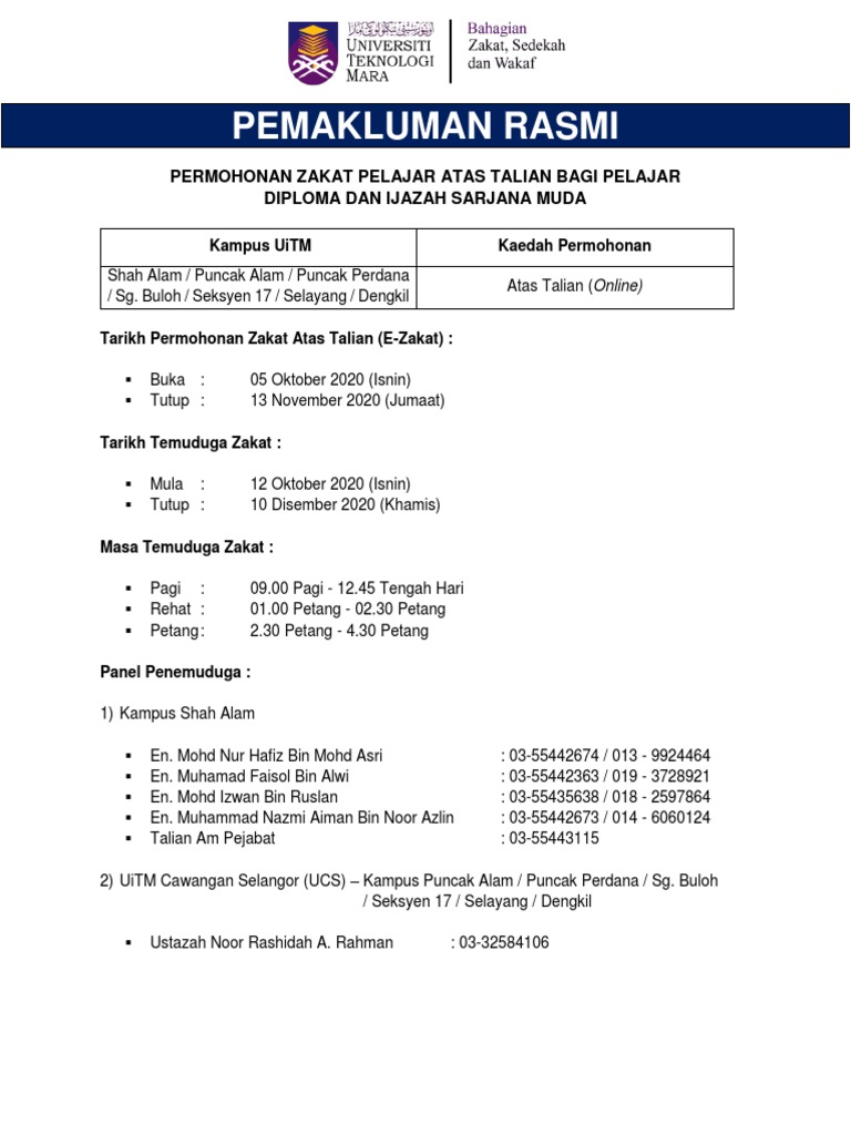 Pemakluman Rasmi Permohonan Zakat Pelajar Atas Talian Diploma Dan Ijazah Sarjana Muda Pdf