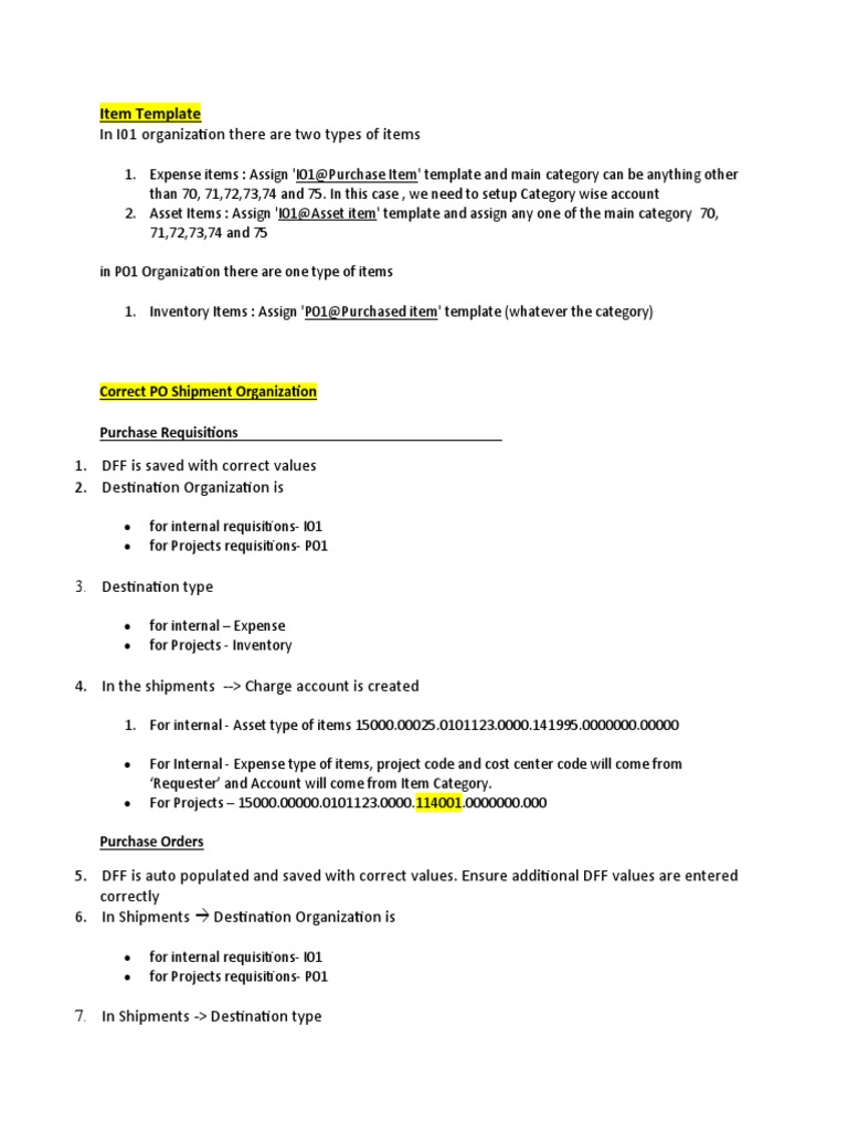 Item Template: Correct PO Shipment Organization Purchase Requisitions ...