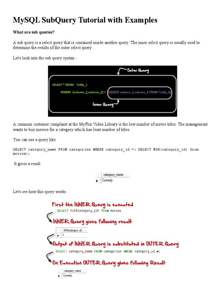 MySQL SubQuery Tutorial With Examples | PDF | Sql | Computer Data