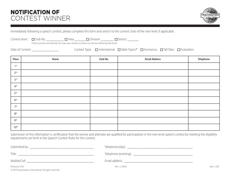 Contest Winner Notification Form | PDF | Games & Activities