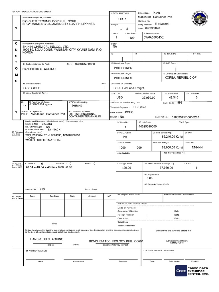 Export Declaration Document Template | PDF | Tariff | Taxes