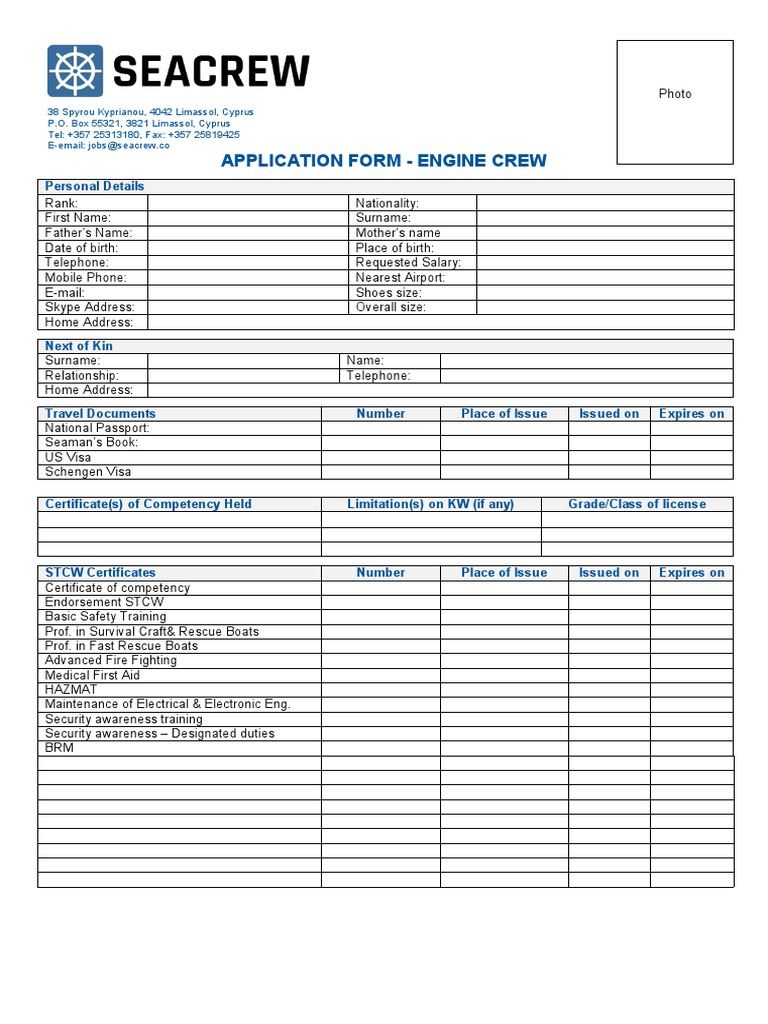 Application Form - Engine Crew: Personal Details | PDF | Oil Tanker