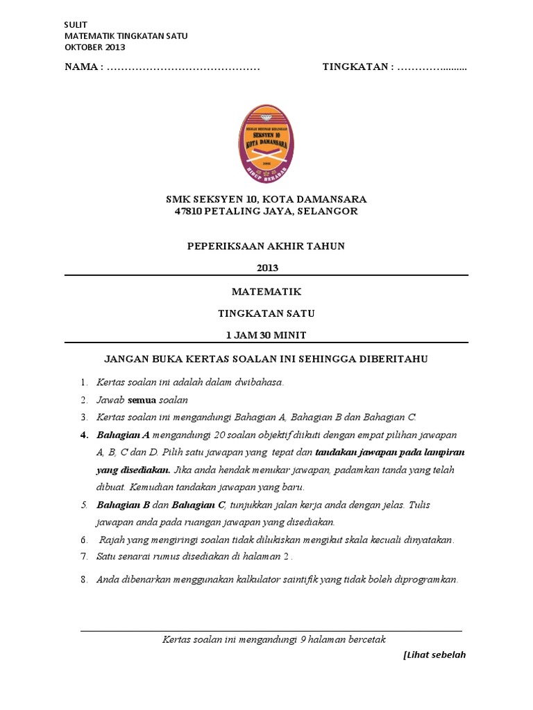 Soalan Latihan Matematik Tingkatan 1 | PDF