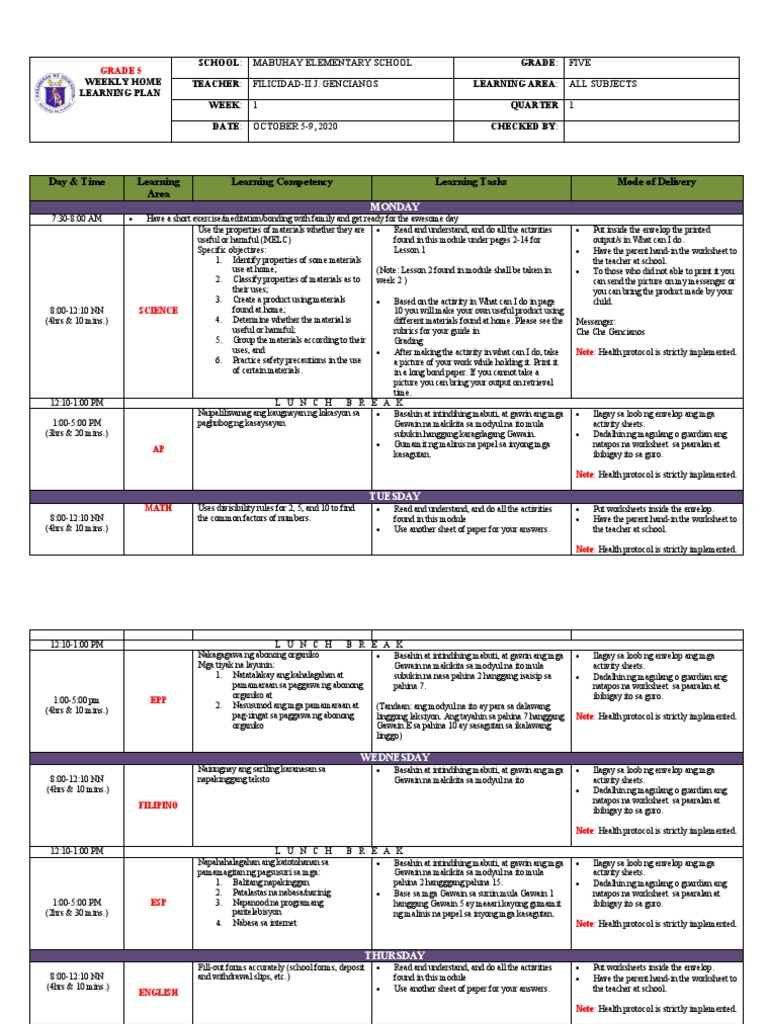 Grade 5: Day & Time Learning Area Learning Competency Learning Tasks ...
