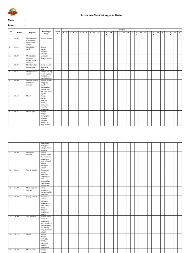 Instrumen Check List Kegiatan Harian New | PDF