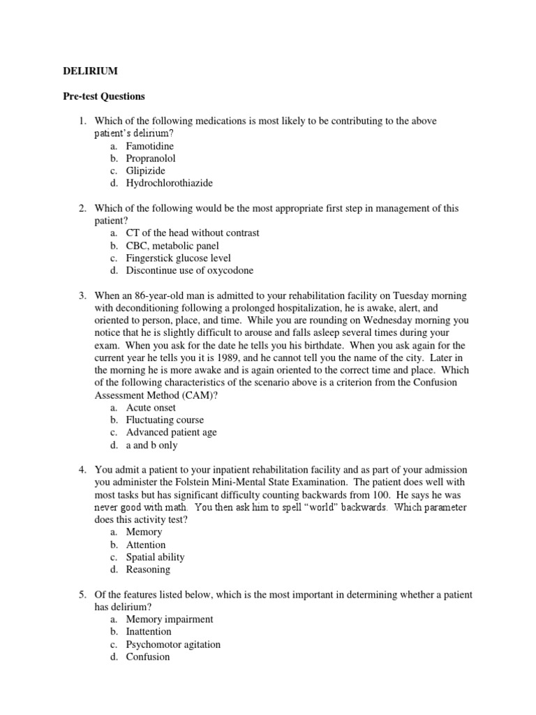 Delirium PreTest Questions PDF Dementia Nervous System