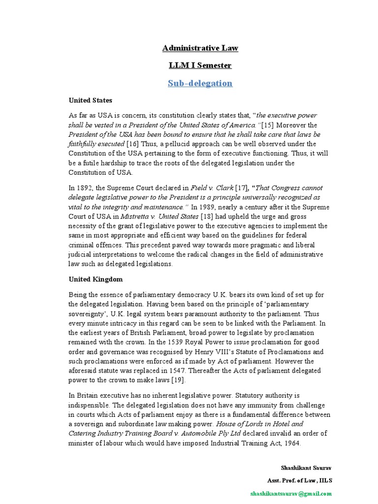 SubDelegation Administrative Law LLM I Semester PDF Supreme