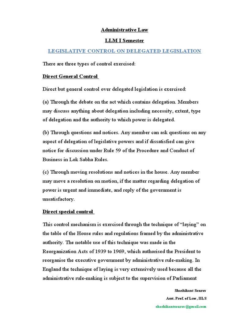 Legislative Control On Delegated Legislation Administrative Law LLM I