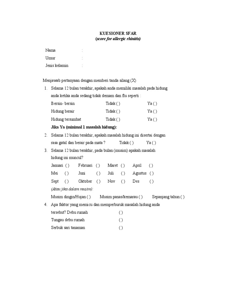 Kuesioner SFAR untuk Alergi Rhinitis | PDF | Seni & Disiplin Bahasa ...