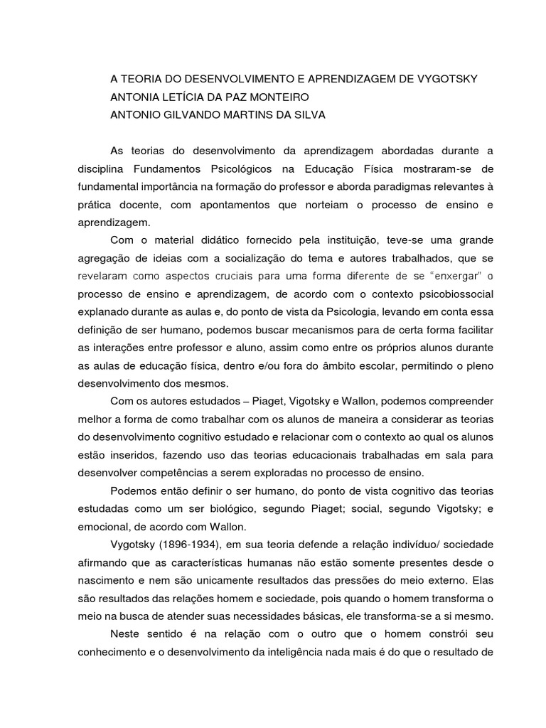 Teoria do Desenvolvimento de Vygotsky | PDF | Aprendizado | Ciências ...