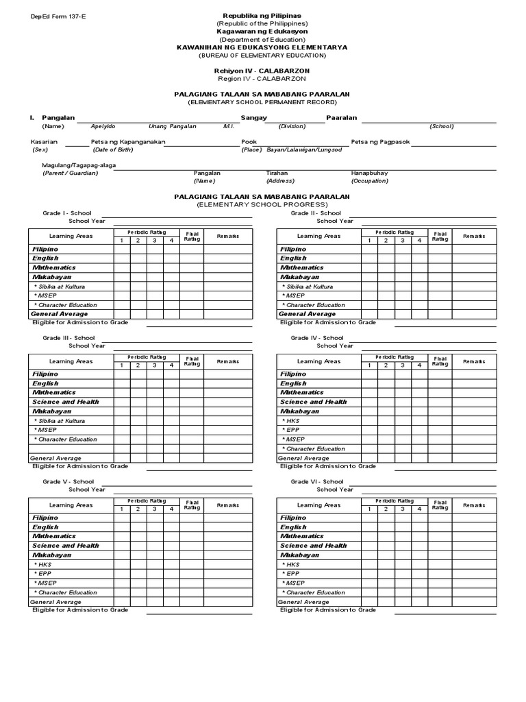 Deped Form 137 E Blankl Pdf Philippines Learning