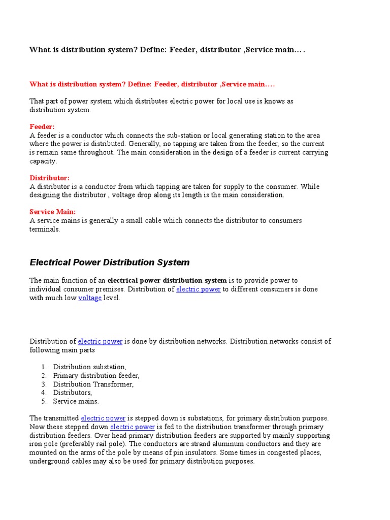 What Is Distribution System? Define Feeder, Distributor, Service Main