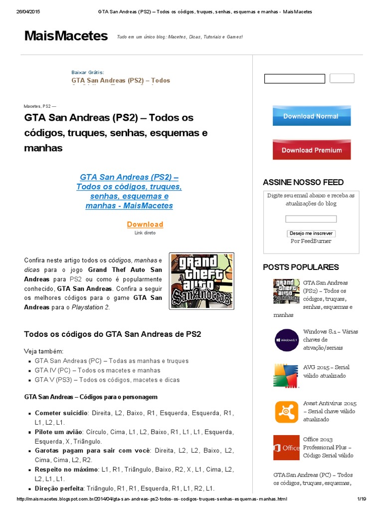 Gta San Andreas ps2 Todos Os Codigos Truques Senhas Esquemas e Manhas  Maismacetes PDF, PDF, Computação e Tecnologia da Informação