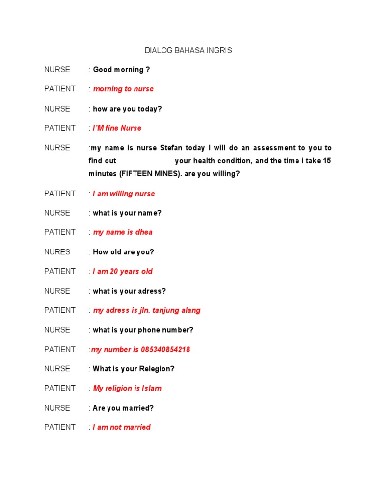 English Dialogue: Nurse and Patient Interaction | PDF | Self ...