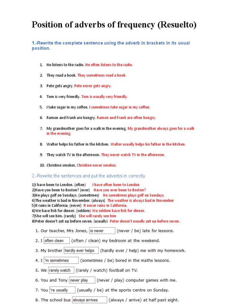 Position of Adverbs and Expressions of Frequency Resuelto | PDF ...