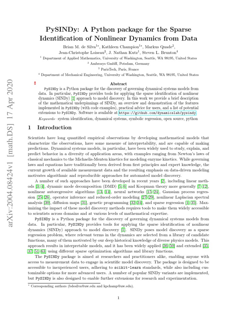 Pysindy: A Python Package For The Sparse Identification of Nonlinear ...