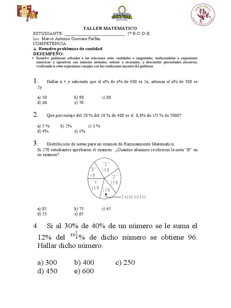 Taller de Problemas Matemáticos 2° B-C-D-E | PDF | Métodos y materiales ...