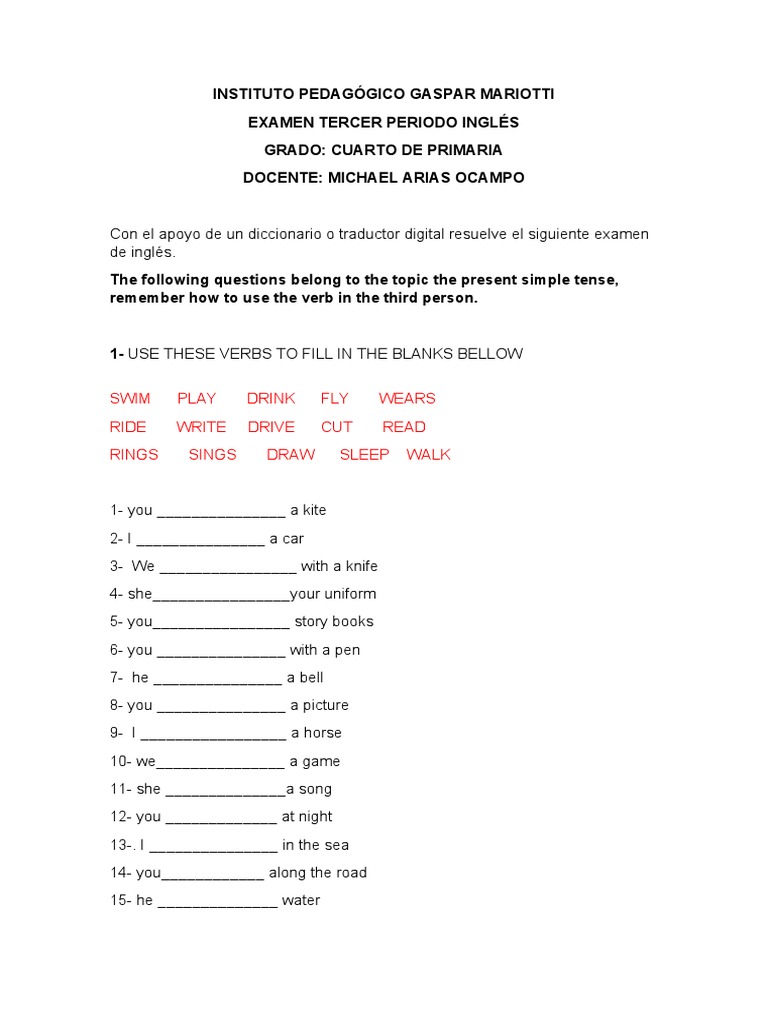 EXAMEN DE CUARTO GRADO Ingles | PDF