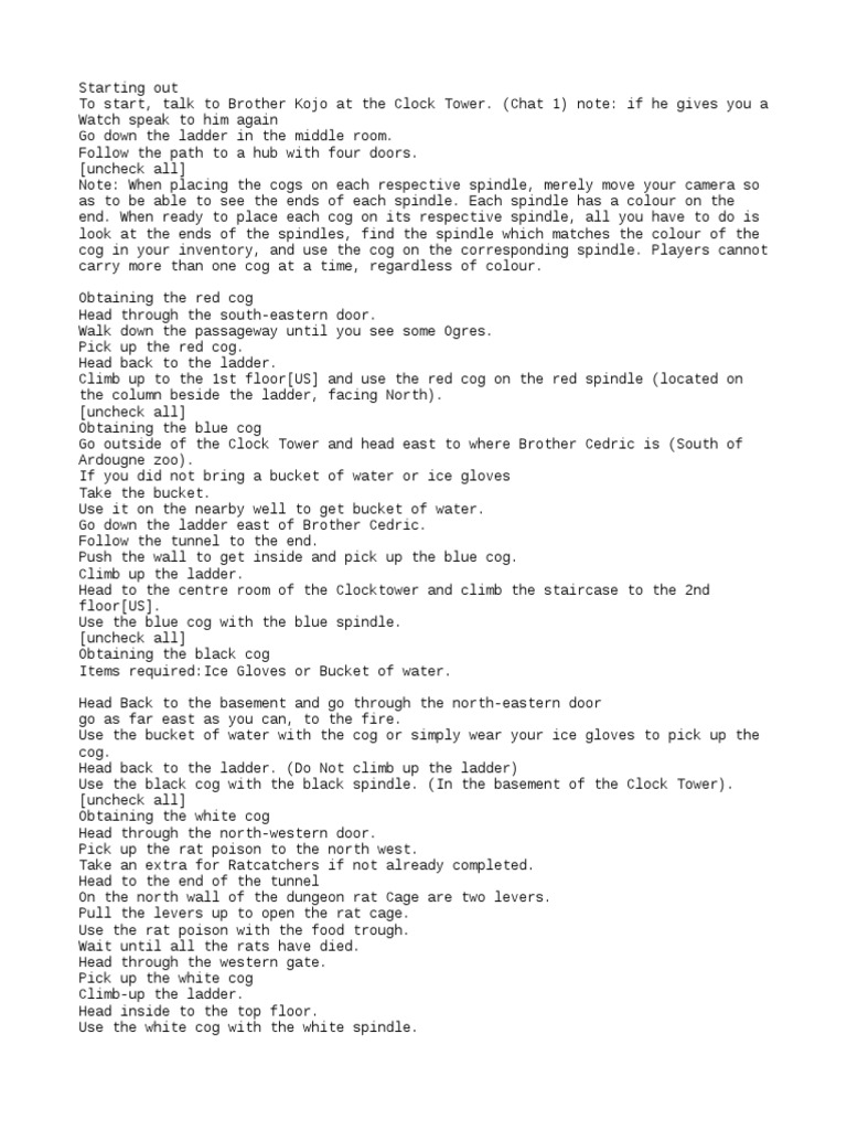OSRS Optimal Quest Order Guide Clock Tower PDF Leisure Sports