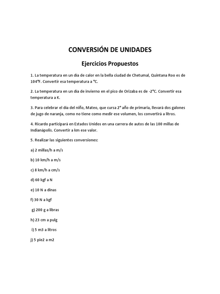 Ejercicios Propuestos De Conversion De Unidades Pdf