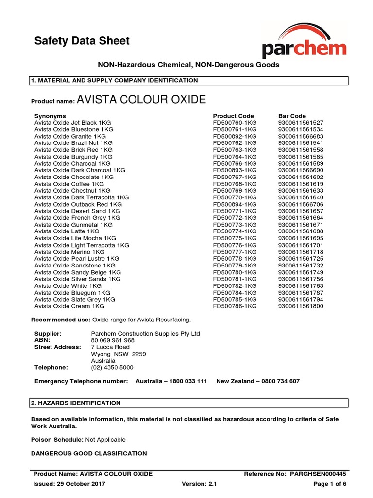 Avista Colour Oxide Safety Data Sheet | PDF | Dangerous Goods | Toxicity