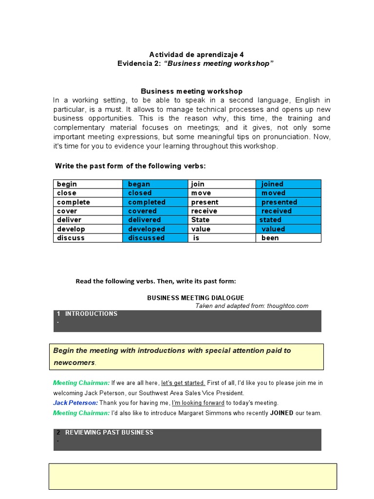 Actividad de Aprendizaje 4 Evidencia 2 Business Meeting Workshop | PDF ...