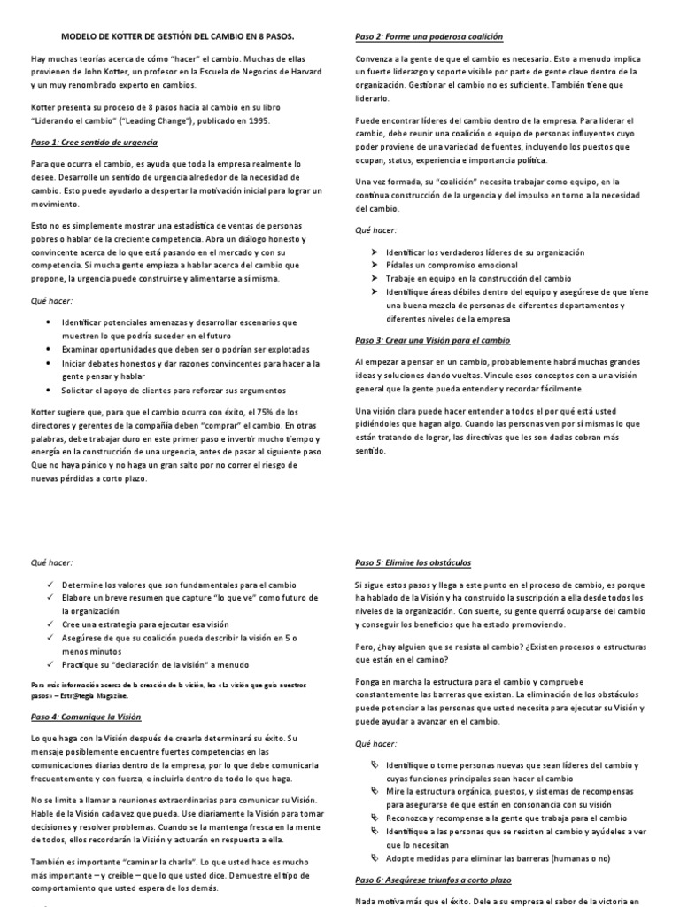 Modelo de Kotter de Gestión Del Cambio en 8 Pasos | PDF | Science ...