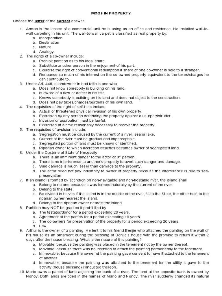 MCQs IN PROPERTY PDF Easement Concurrent Estate