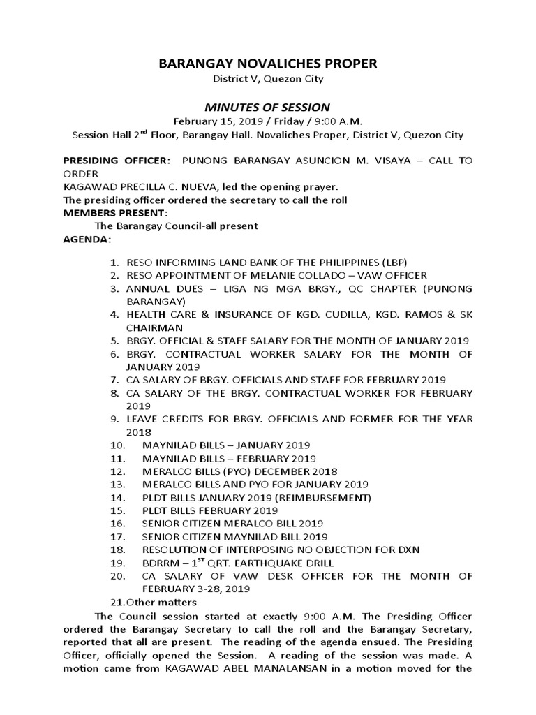 Barangay Novaliches Proper Session Minutes | PDF | Philippines | Government