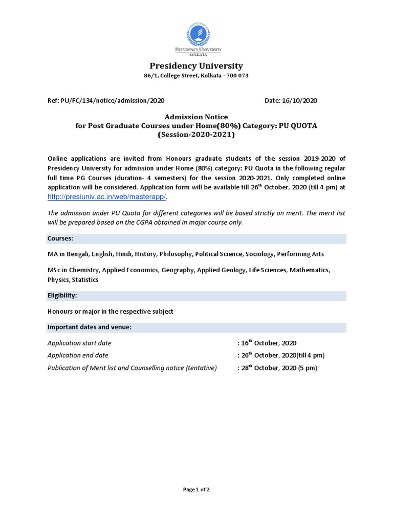 PG Admission Notice 2020-21 at PU | PDF | Postgraduate Education | Science